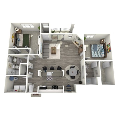Floor plan for 2 beds, 2 baths, 1050 sqft